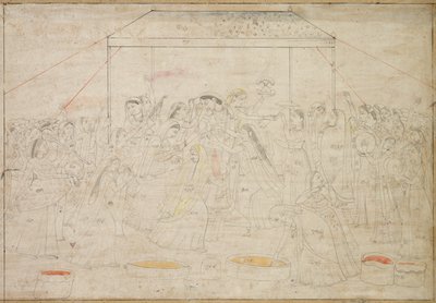 Deus Hindu Krishna sendo vestido com roupas femininas para o Festival da Primavera Holi, c. 1790 de Unbekannt