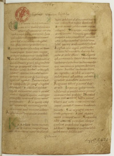 História da Grã-Bretanha por Nennins. Primeira página do manuscrito, do século 11 de Unbekannt