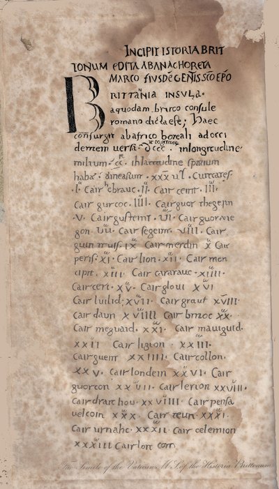 História da Grã-Bretanha por Nennins. Primeira página do manuscrito, do século 11 de Unbekannt