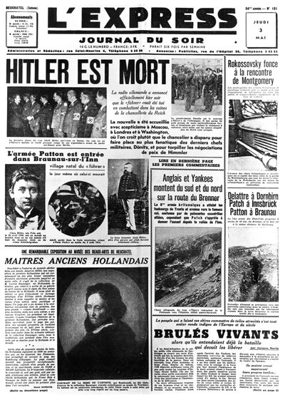 Hitler is Dead, primeira página do jornal LExpress, 3 de maio de 1945 de Unbekannt