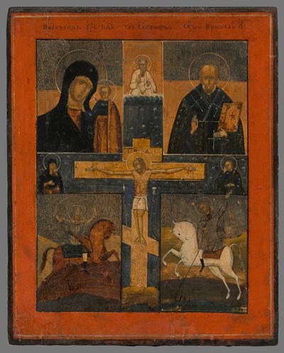 Ícone-Crucificação com a Mãe de Deus, São Nicolau, São Juraj e Dimitri de Unbekannt