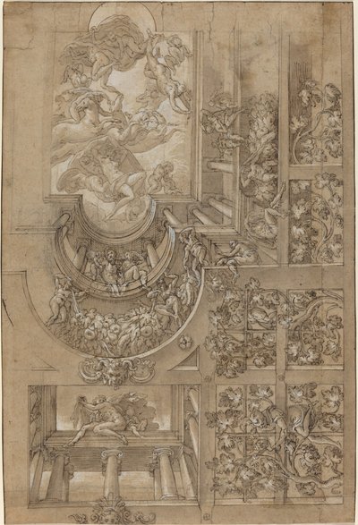 Teto Ilusionista com Árvore de Uvas, Figuras Posicionadas em Galerias e uma Central..., c. 1570158 de Unbekannt