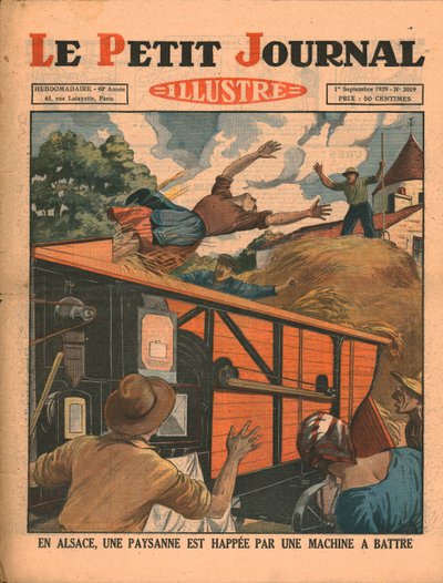Na Alsácia, uma camponesa é pega em uma máquina de debulhar, em 1929. de Unbekannt