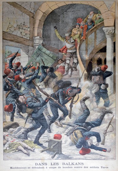 Nos Balcãs: macedônios se defendendo com bombas contra soldados turcos, 1903 de Unbekannt