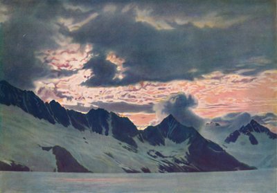 No despertar do amanhecer: névoas verdes vistas no pico e vale alpinos, c1935 de Unbekannt