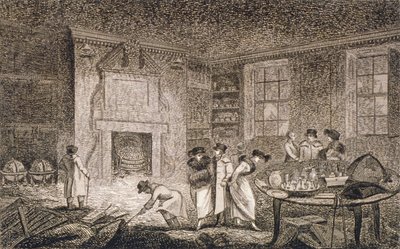 Vista interior das instalações de Nathaniel Bentley, Leadenhall Street, City of London, 1804 de Unbekannt