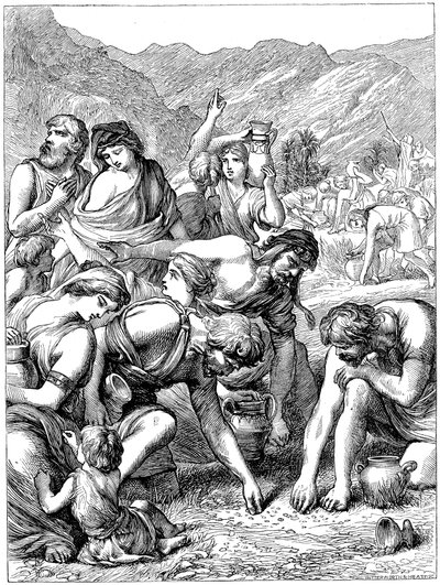 Israelitas no deserto coletando o maná que caiu do céu, 1869 de Unbekannt