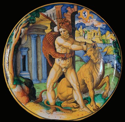 Prato de barro italiano com imagem de Hércules e o touro cretense, séc. de Unbekannt