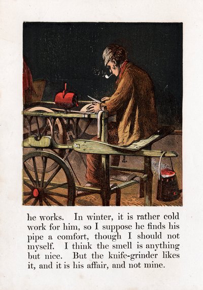 Moedor de faca itinerante afiando uma lâmina girando uma roda de moagem com um pedal, c1867 de Unbekannt