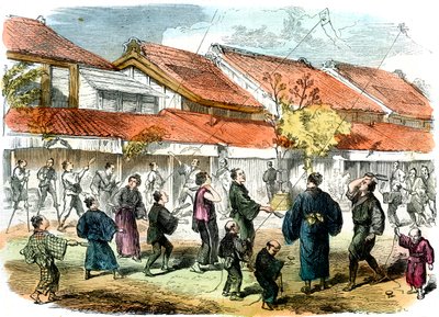 Jogo japonês de battledore e peteca nas ruas de Yokohama, 1865 de Unbekannt