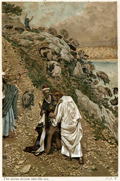 Jesus expulsando demônios de um homem ajoelhado, c1890 de Unbekannt