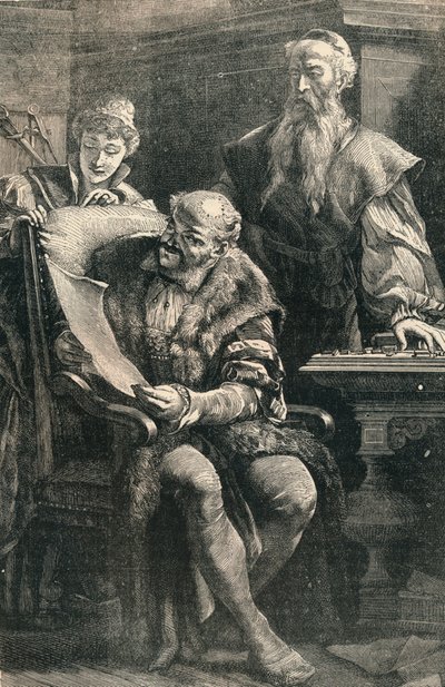 John Gutenberg mostrando parte do primeiro livro impresso a Faust, século XIV, c1910 de Unbekannt