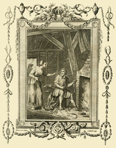 O rei Alfred, disfarçado, foi repreendido pela esposa pura dos rebanhos por deixar os bolos queimarem, c878, 1783. de Unbekannt