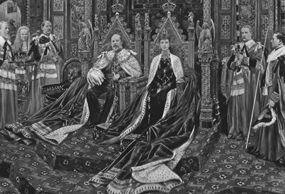 Rei Eduardo VII. E a rainha Alexandra na abertura do seu primeiro parlamento de majestade, 1901. de Unbekannt