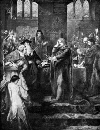 Rei Ricardo II renunciando a coroa a seu primo Bolingbroke, 1399, c1920 de Unbekannt