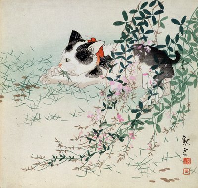 Gatinho na grama e flores de folhagem - estampa japonesa de Unbekannt