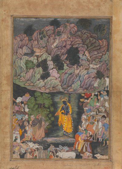 Krishna segura o monte Govardhan para abrigar os aldeões de Braj, Folio from..., ca. 1590-95. de Unbekannt