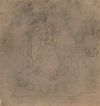Krishna e Radha em pé sobre um Lotus, no final do século XIX - início do século XX. de Unbekannt