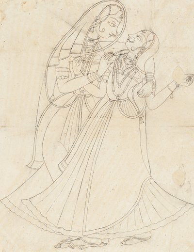 Krishna vestido de mulher Abraçando Radha, século XIX. de Unbekannt