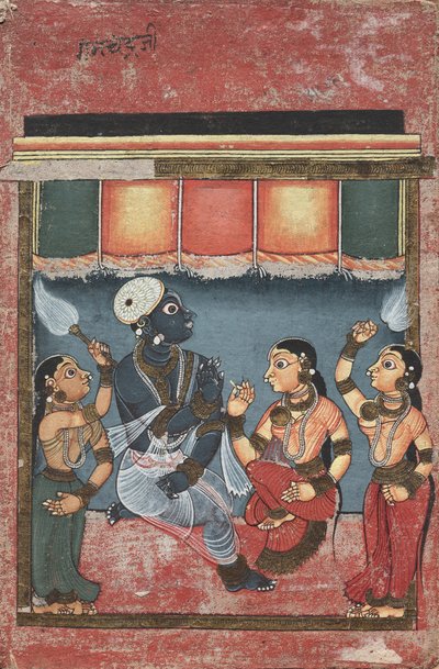 Krishna com Radha e dois atendentes de frente, Jagannath, Subhadra e Balarama ... verso, século XVIII de Unbekannt