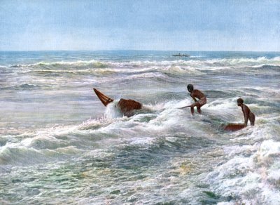 Lançamento de um catamarã na costa de Madras, Índia, início do século XX de Unbekannt
