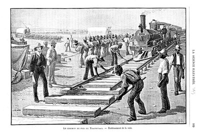 Colocando dormentes e trilhos de maneira permanente na Ferrovia Transvaal, África do Sul, 1893 de Unbekannt