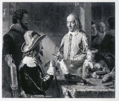 O médico inglês William Harvey (1578-1637) mostrando ao Rei Charles I Stuart da Inglaterra (1600-1649) a teoria da circulação sanguínea de Unbekannt