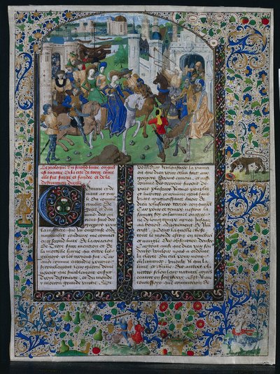Folha de Jehan de Courcys Chronique Universelle: O rei Priam encontra Helen e Paris ..., c. 1470. de Unbekannt