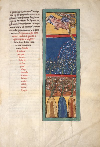 Folha de um manuscrito de Beatus: o primeiro anjo soa a trombeta ..., ca. 1180 de Unbekannt