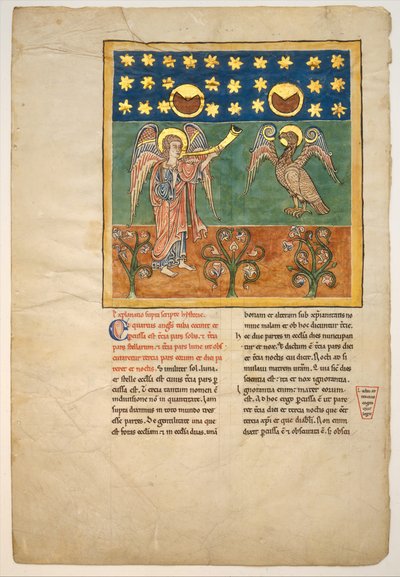 Folha de um manuscrito Beatus: o quarto anjo soa a trombeta e uma águia..., ca. 1180. de Unbekannt