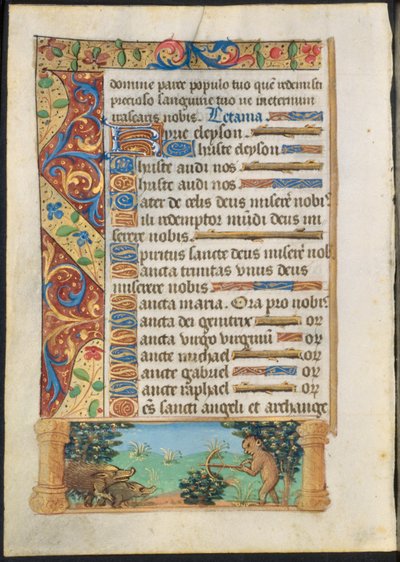 Folha de um livro de horas: Macaco caçando javalis dianteiros e Ape Fishing verso, c. 1500-1510. de Unbekannt