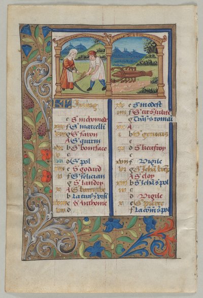 Folha de um livro de horas: Página do calendário de junho verso, c. 1510 de Unbekannt