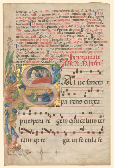 Folha de um Gradual: História Inicial S [alve Sancta Parens] com Nascimento da Virgem, c. de Unbekannt