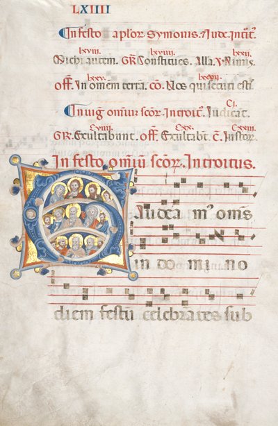 Folha de um Gradual: G inicial com Cristo, a Virgem e os apóstolos, c. 1300 de Unbekannt