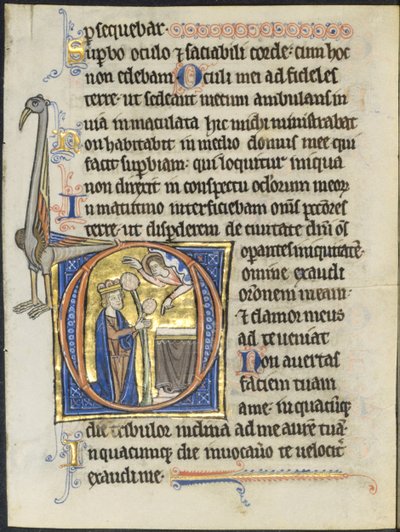 Folha de um Saltério: D inicial: Davi em oração diante de um altar e Cristo em uma nuvem ..., c. 1270-12 de Unbekannt