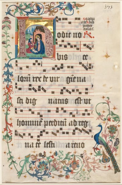 Folha de um Antifonário: H inicial com a Natividade anterior e Texto verso, c. 1480 de Unbekannt