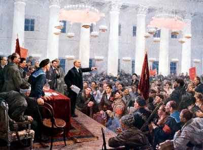 Lenin discutindo deputados do 2º Congresso Soviético, Palácio Smolny, São Petersburgo, 1917 de Unbekannt