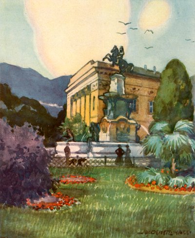Leopoldsbrunnen und Stadttheater, fonte de Leopolds e teatro da cidade, c1929. de Unbekannt