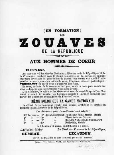 Les Zouaves, dos cartazes políticos franceses da Comuna de Paris, maio de 1871 de Unbekannt