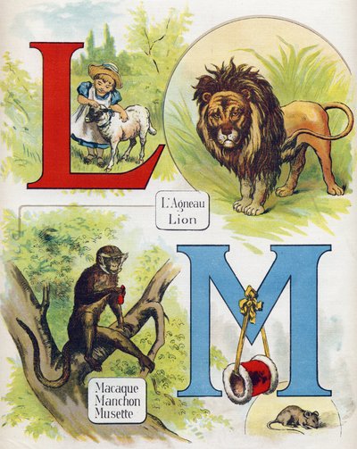 Letras L e M: cordeiro e leão, macaque, manga e musette. Gravura em "ABC L