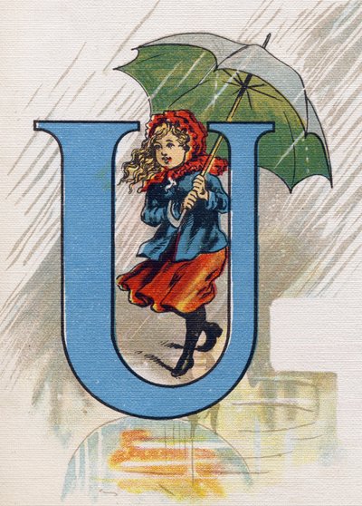 Carta U: Úrsula na chuva com um guarda-chuva. Gravura em "ABC L