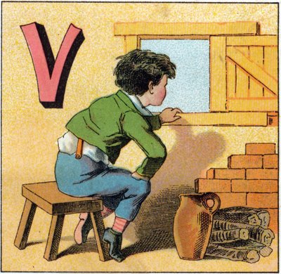 Carta V como vasistas. Uma criança curiosa a olhar pela janela. Gravura no "Alfabeto dos petits ecoliers". Imaging of Epinal, cerca de 1885. Coleção Privee de Unbekannt