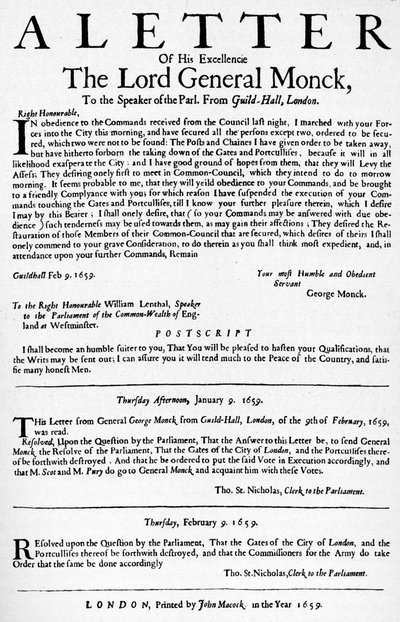 Carta do General Monck ao Presidente da Câmara dos Comuns, 1659 1903 de Unbekannt