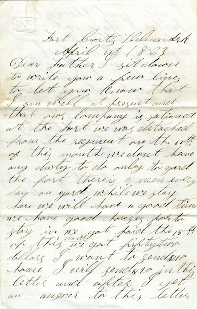 Carta assinada por David T. Massey, Fort Curtis, Helena, Ark., ao seu pai (Nathan Massey), 21 de Abril de 1863 de Unbekannt