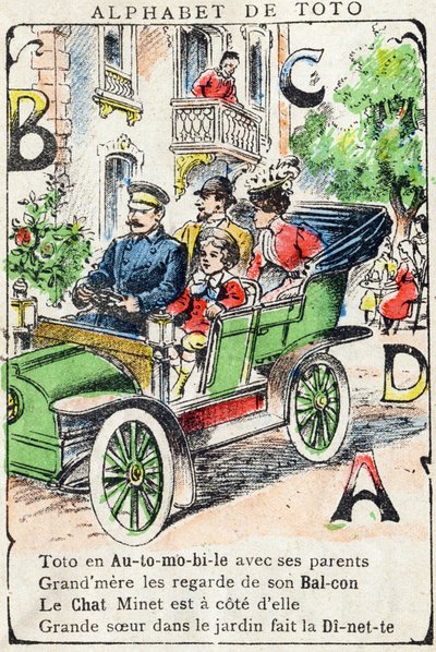 Cartas A B C D D Car Balcony Cat Dinette. Gravura em "Alfabeto de Toto", final do século XIX. Imagem em "Pont-a-Mousson". Louis Vagne, impressora-editor. 12 páginas. Álbum publicitário contendo um ilustre abecedário e um método de leitura simplificado. Dim de Unbekannt