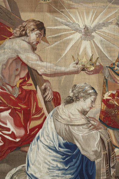 A vida da Virgem: "A Coroação da Virgem" Detalhe representando Jesus e a Pomba do Espírito Santo (Espírito Santo) sobre a Virgem - Tapeçaria de lã e seda feita na oficina de Pierre Damour a partir dos desenhos de Charles Poerson (1609-1667) de Unbekannt