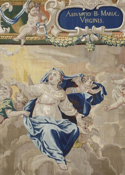 A vida da Virgem: "A Assunção" (A Assunção) Tapeçaria de lã e seda feita na oficina de Pierre Damour após os desenhos de Charles Poerson (1609-1667) de Unbekannt