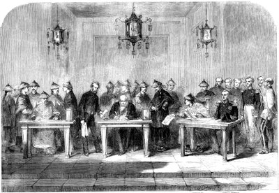 Lord Elgin, assinando o Tratado de Tainjin para encerrar a Segunda Guerra do Ópio, 1858 de Unbekannt
