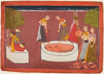 Madhava toca sua vina diante de cinco mulheres tirando água de um poço, de um Madhavanala ..., c. 1700 de Unbekannt