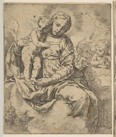 Madonna e Child sentados nas nuvens e cercados por anjos, copiam ao contrário a ..., ca.1639 ou depois. de Unbekannt